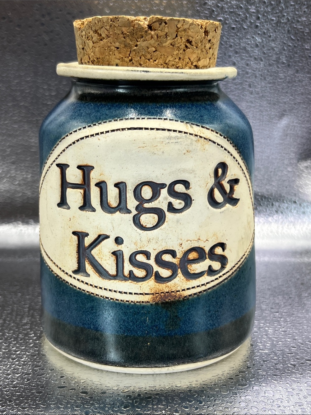 Vintage 1991 Hugs & Kisses Ceramic Jar with Cork Lid - Deep Blue